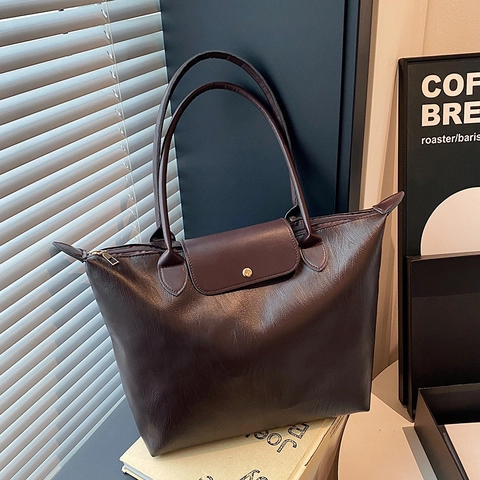 Women Large Capacity Tote Bag PU Leather Commuter Shoulder Handbag Flip Cover Metal Buckle Stylish Solid Color