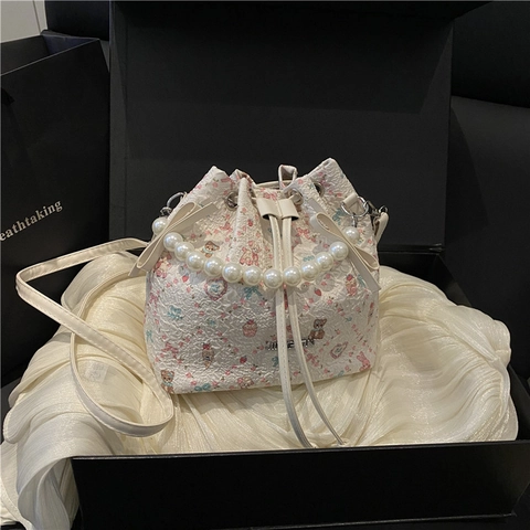 Women Artificial Pearl Handle Bucket Bag Drawstring Bow Print Synthetic Leather Small Crossbody Shoulder Purse Sweet Cute Trendy