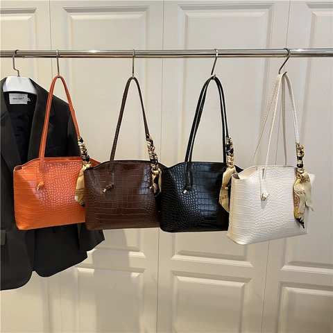 Dames Tote Tas Met Krokodillenpatroon PU Leer Grote Capaciteit Schoudertas Met Decoratieve Satijnn Sjaal Stedelijke Stijl