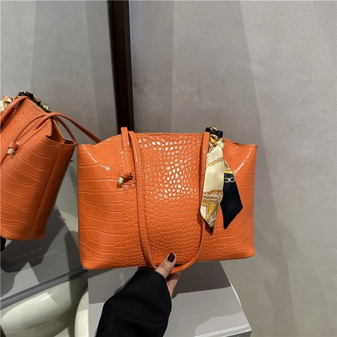 Dames Tote Tas Met Krokodillenpatroon PU Leer Grote Capaciteit Schoudertas Met Decoratieve Satijnn Sjaal Stedelijke Stijl