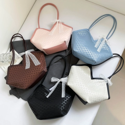 Borsa Tote Da Donna Pelle PU Stampa Monogramma Fiocco In Pizzo Apertura A V Borsa A Spalla A Mano Moda Dolce