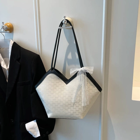 Borsa Tote Da Donna Pelle PU Stampa Monogramma Fiocco In Pizzo Apertura A V Borsa A Spalla A Mano Moda Dolce