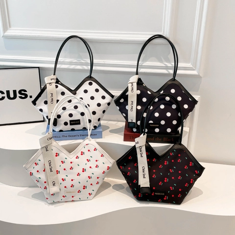 Mode Dames PU Lederen Tote Bag Grote Capaciteit Polka Dot Kers Print Chic Woon Werkverkeer Schoudertas V Opening Design