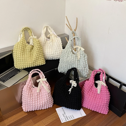 Women Bubble Popcorn Texture Handbag Large Capacity Sweet Lace Bow Shoulder Underarm Bag Korean Style Lightweight Summer Tote