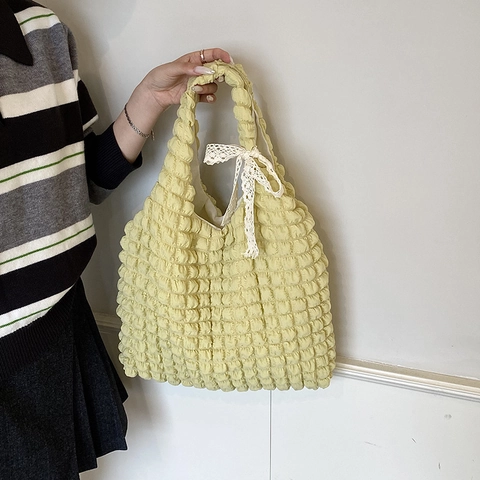 Korean Style Bubble Pleated Popcorn Fabric Shoulder Bag With Lace Bow Large Capacity Sweet Underarm Tote For Women
