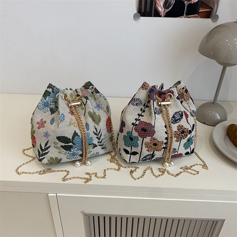 Bolso Bombonera Vintage Étnico Jacquard Floral para Mujer Con Cadena de Metal Perla Artificial Cordón Bandolera