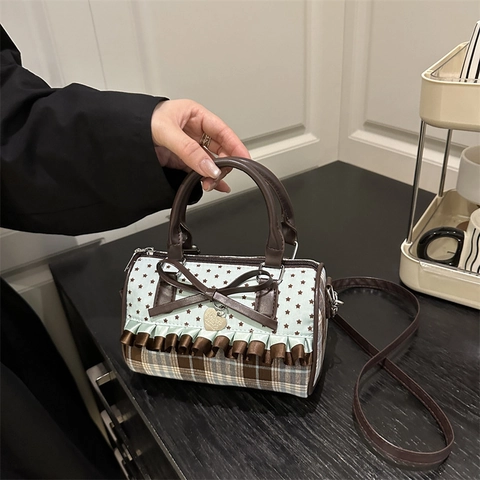Sweet Japanese Style Boston Handbag Plaid Checked Star Print Canvas PU Leather Crossbody Bag With Bow Ruffles Heart