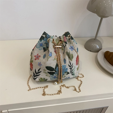 Borsa A Secchiello Retro In Jacquard Floreale Con Catena Dorata E Decorazione Di Künstliche Perle Borsa A Tracolla Per Donna