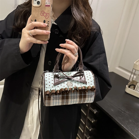 Sweet Japanese Style Boston Handbag Plaid Checked Star Print Canvas PU Leather Crossbody Bag With Bow Ruffles Heart