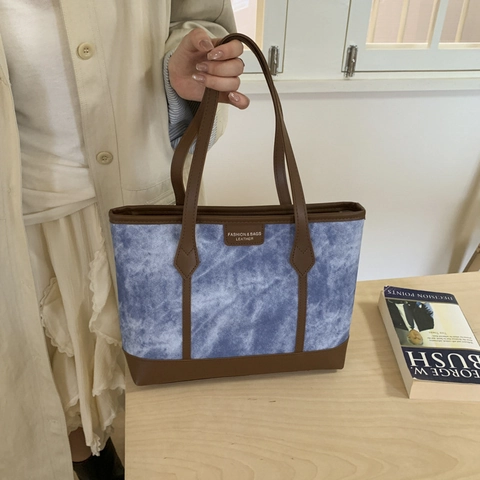 Retro Large Capacity Tote Bag PU Leather Canvas Texture Commuter Underarm Shoulder Bag Vintage Contrast Color For Women