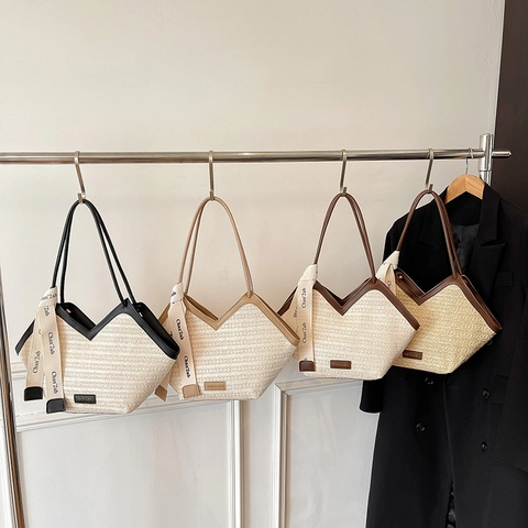 Bolso Tote de Paja Vintage para Mujer Bolso de Hombro Tejido de Gran Capacidad Con Cinta Apertura en V Bolso de Playa de Verano