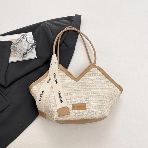 Women Straw Woven Tote Bag Large Capacity Summer Beach Vacation Shoulder Bag Pu Leather Trim Decorative Ribbon V Opening