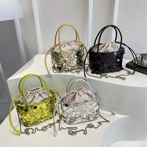 Sequin Bucket Bag For Women Fashion Bling Drawstring Handbag With Metal Chain Strap Party Trendy Crossbody Bag