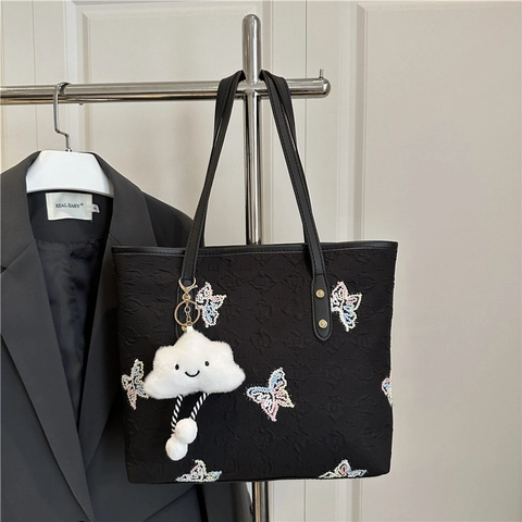 Butterfly Embroidery Tote Bag Quilted Rhombic Pattern Fashion Shoulder Bag For Women With Smile Cloud Charm