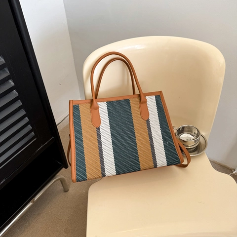 Vintage Striped Tote Bag Women PU Leather Contrast Color Handbag Shoulder Crossbody Bag Daily Commute Fashion Trendy Bag