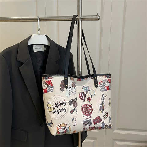 Damen Tote Bag Große Kapazität PU Leder Cartoon Stadt Illustration Graffiti Druck Lässige Schultertasche