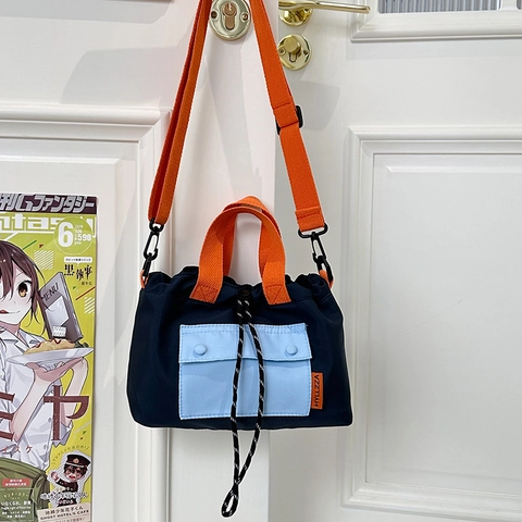 Women Fashion Nylon Colorblock Crossbody Bag Lightweight Casual Handbag Small Commuter Tote Shoulder Bag With Drawstring And Contrast Straps