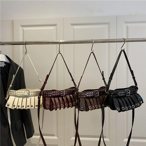 Pleated Ruffled Underarm Bag For Women PU Leather Silver Rivets Metal Eyelets Punk Y2K Shoulder Crossbody Handbag Adjustable Strap