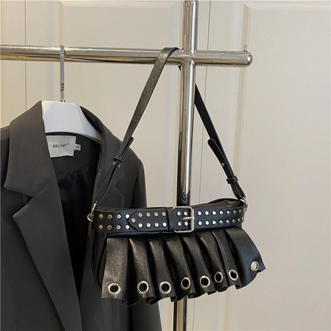 Pleated Ruffled Underarm Bag For Women PU Leather Silver Rivets Metal Eyelets Punk Y2K Shoulder Crossbody Handbag Adjustable Strap