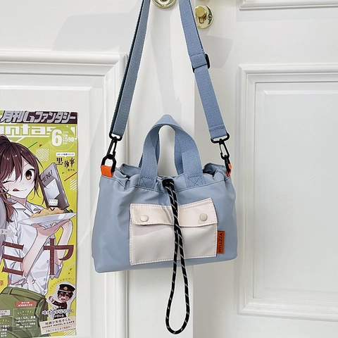Nylon Contrast Color Crossbody Bag For Women Casual Small Square Handbag With Drawstring Lightweight Travel Shoulder Bag