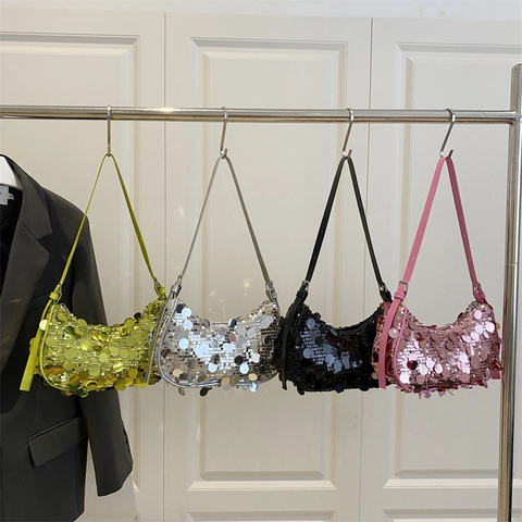 Pailletten Unterarm Umhängetasche Glitzernde Große Runde Pailletten PU Leder Hobo Handtasche Damen Party Y2K Street Style