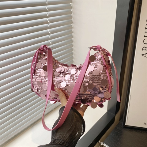 Pailletten Unterarm Umhängetasche Glitzernde Große Runde Pailletten PU Leder Hobo Handtasche Damen Party Y2K Street Style