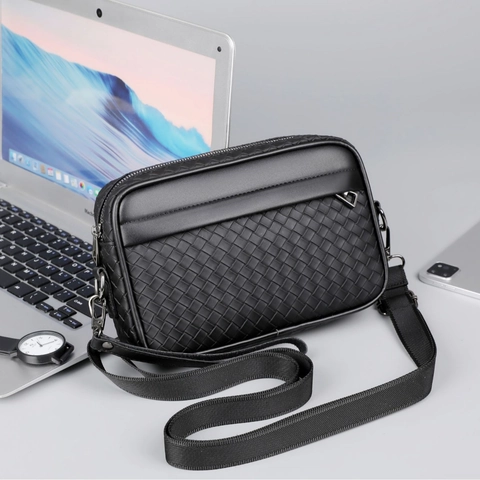 Borsa Messenger Da Uomo In Pelle Intrecciata PU Geometrica Business Casual Tracolla Spalla Borsa A Mano Tasche Multiple Resistente All Acqua