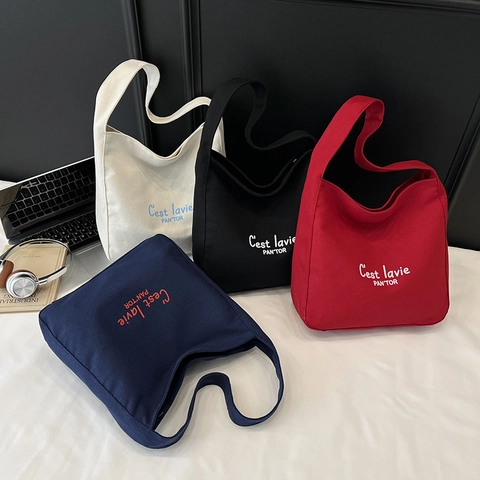 Damen Canvas Tote Bag Große Kapazität Buchstabendruck Einfache Lässige Schulterhandtasche Für Den Alltag