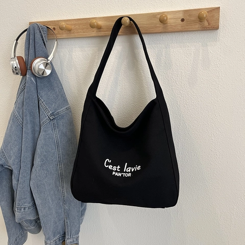 Damen Canvas Tote Bag Große Kapazität Buchstabendruck Einfache Lässige Schulterhandtasche Für Den Alltag