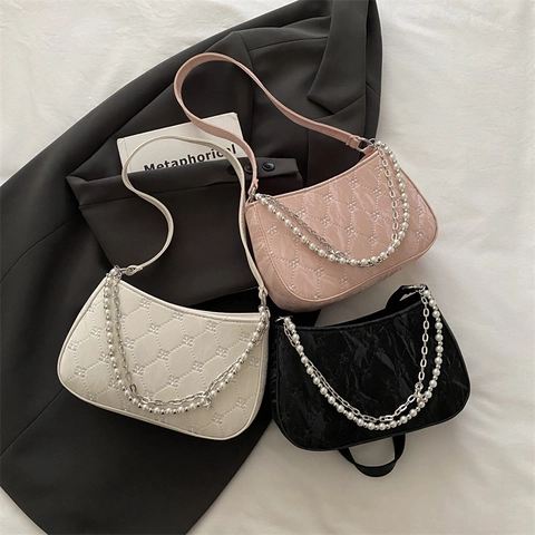 Women Quilted Underarm Bag Artificial Pearl Metal Chain Decor Glossy PU Leather French Vintage Elegant Shoulder Handbag