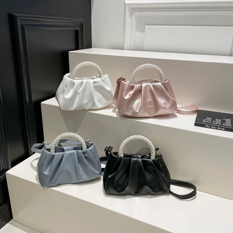 Bolso Nube Plisado Para Mujer Cuero PU Asa De Perlas Artificiales Bolso De Mano Bandolera Elegante