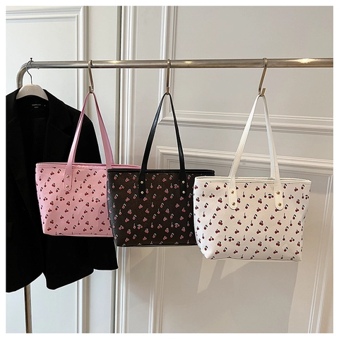 Borsa Tote Con Stampa Ciliegie In Pelle PU Grande Capacità Borsa A Spalla Donna Dolce Versatile Design Di Nicchia Zip