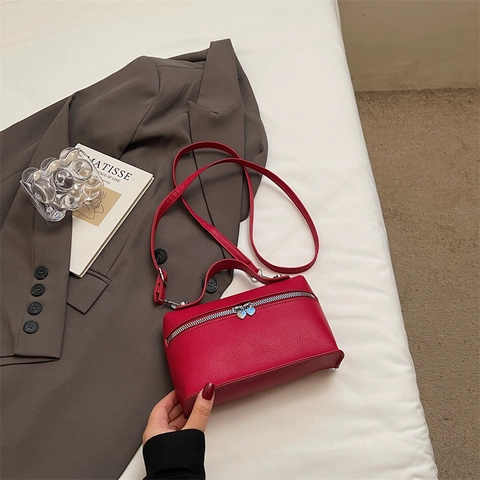 Lychee Pattern PU Leather Women Shoulder Bag With Heart Shaped Zipper Pulls Korean Style Box Handbag Retro Fashion
