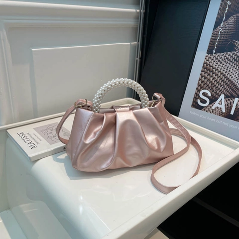 Bolso Nube Plisado Para Mujer Cuero PU Asa De Perlas Artificiales Bolso De Mano Bandolera Elegante