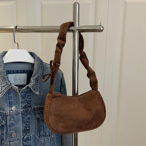 Dames Underarm Hobo Tas Faux Suede Minimalistische Retro Schoudertas Met Geplooide Riem En Strik Decor Effen Kleur