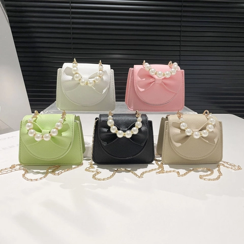 Mini Crossbody Bag Lychee Pattern PU Leather With Bow Decoration Artificial Pearl Handgrip And Gold Chain Elegant Shoulder Handbag