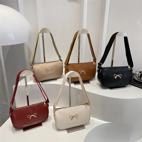 Minimalist PU Leather Women Shoulder Bag Gold Metal Bow Decoration Wide Strap Casual Crossbody Bag Square Handbag