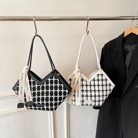 Bolso Tote De Tweed A Cuadros Para Mujer Gran Capacidad Bolso De Hombro Con Apertura En V Y Cinta Decorativa