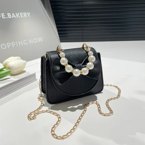 Mini Crossbody Bag Lychee Pattern PU Leather With Bow Decoration Artificial Pearl Handgrip And Gold Chain Elegant Shoulder Handbag