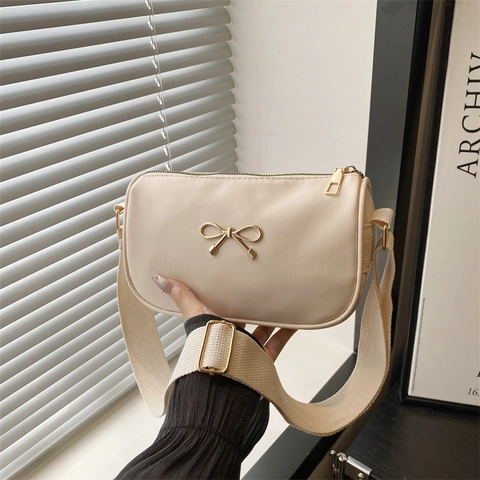 Minimalist PU Leather Shoulder Crossbody Bag With Metal Bow Decor And Wide Fabric Strap Vintage Square Underarm Purse