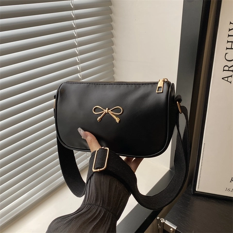 Fashion PU Leather Crossbody Bag With Gold Bow Decoration Adjustable Wide Strap Minimalist Small Square Underarm Bag