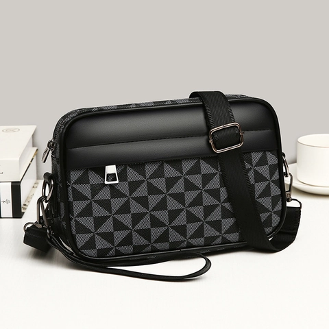 Heren Business Casual Messenger Bag PU Leer Kleine Schoudertas Geometrisch Ruitpatroon Waterdichte Crossbodytas Voor Dagelijks Gebruik