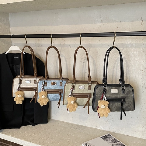 Vintage Shoulder Bag For Women Retro PU Leather Canvas Contrast Color Spacious Tote With Bear Keychain Fashion Bag