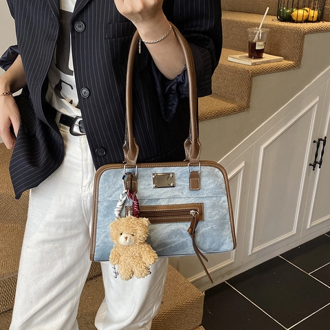 Vintage Shoulder Bag For Women Retro PU Leather Canvas Contrast Color Spacious Tote With Bear Keychain Fashion Bag