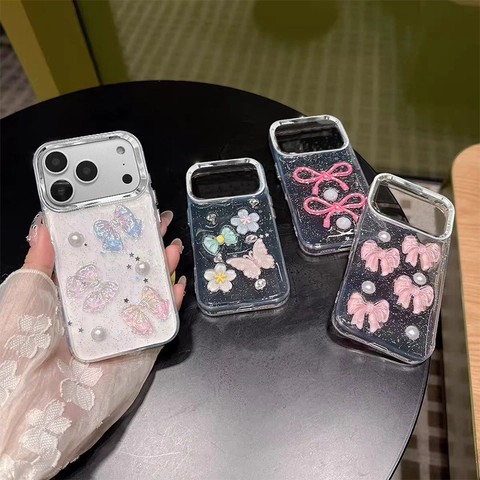 Phone Case Dimensional Bowknot Artificial Pearl Glitter Butterfly Flower TPU Soft Shockproof Resin Sweet Girlhood Protective Cover