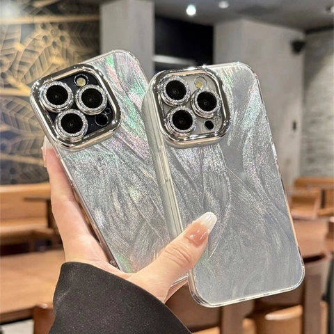 Luxus Silbergrau Glitzer Laser Irisierende Handyhülle Stoßfest Acryl TPU Cover Mit Strass Metall Linsenschutz
