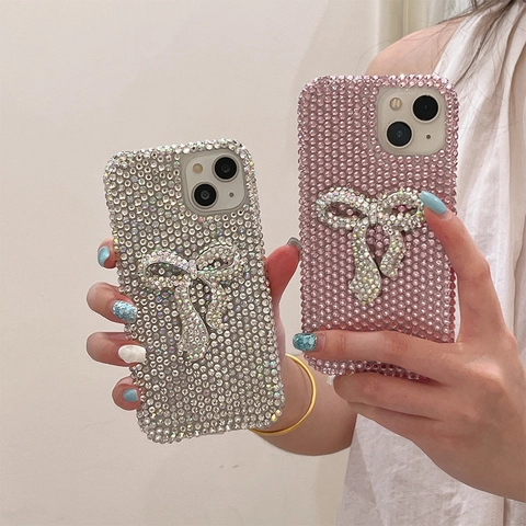 Luxury Rhinestone Phone Case Sparkle Crystal Full Coverage Protective Cover With 3D Bow Decoration For Women