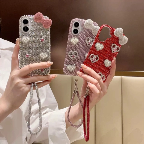 Luxury Sparkly Rhinestone Phone Case For IPhone Series With 3D Bow Heart Artificial Pearl Decor Full Diamond Cover With Wrist Lanyard
