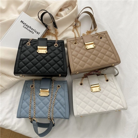 Women Quilted Rhombic Crossbody Bag PU Leather Chain Strap Shoulder Handbag Elegant Square Satchel With Metal Lock