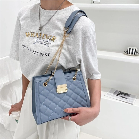 Women Quilted Rhombic Crossbody Bag PU Leather Chain Strap Shoulder Handbag Elegant Square Satchel With Metal Lock
